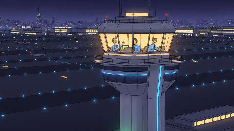 Air traffic control tower at major airport during nighttime operations, illuminated windows showing active control room, exterior architectural view