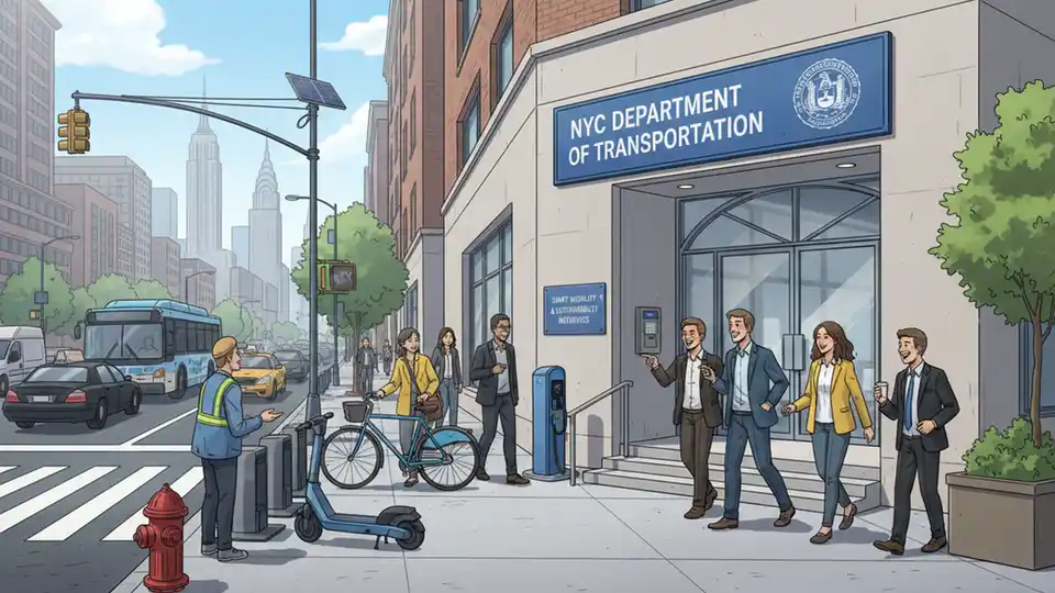 NYC Department of Transportation office building entrance with official signage and city street visible