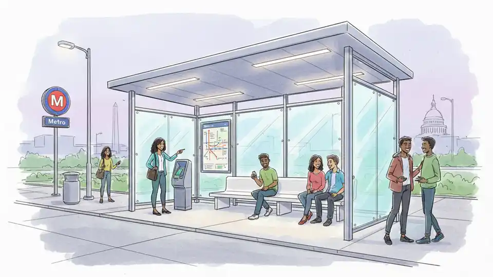 Modern bus shelter with translucent walls and LED lighting at Metro station