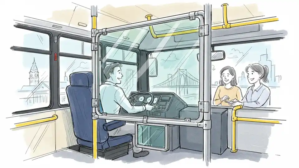 Close-up of bulletproof glass barrier installation on SEPTA bus showing reinforced transparent panel and protective door mechanism in driver area