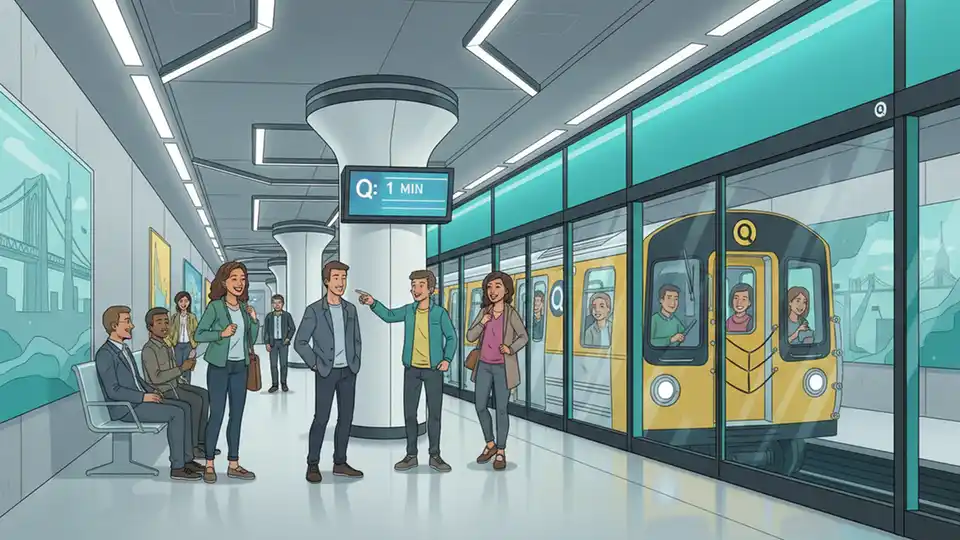 Q train at Second Avenue Subway platform showing modern station design with platform edge doors and digital signage