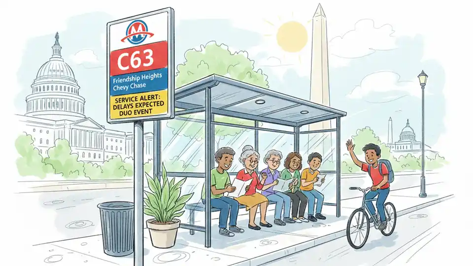 WMATA bus stop sign showing C63 route information with service alert notification, typical DC Metro bus stop infrastructure visible