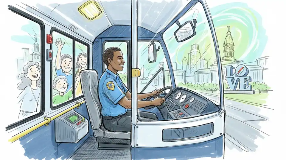 SEPTA bus driver seated behind protective bulletproof glass barrier, side angle showing driver compartment security installation