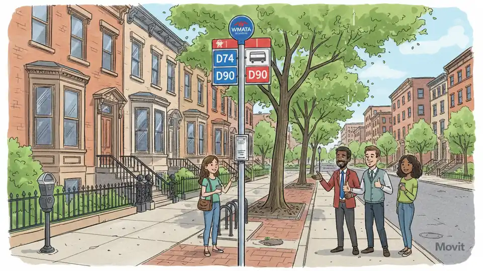 WMATA bus stop sign showing route D74 and D90 numbers with Dupont Circle neighborhood street corner in background