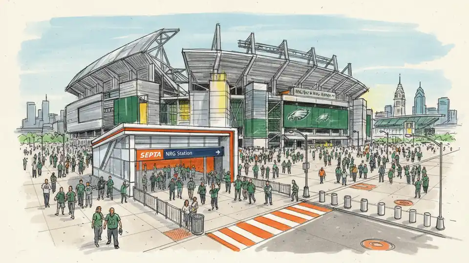 Lincoln Financial Field exterior with SEPTA Broad Street Line station entrance in foreground, stadium architecture visible, transit signage and pedestrian walkways, game day atmosphere with crowds