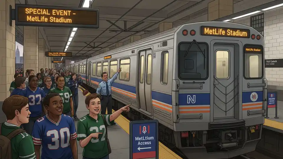 NJ Transit train at New York Penn Station platform with MetLife Stadium service signage