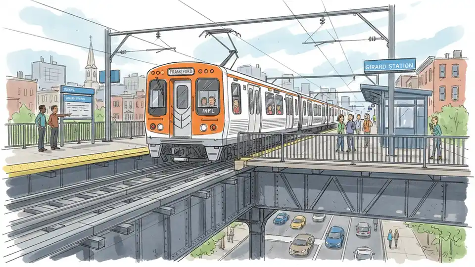 Market-Frankford Line El train at elevated station platform in Philadelphia