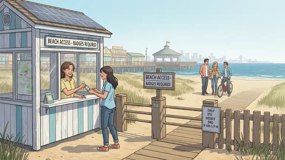 Beach badge station and entrance gate at New Jersey shore with boardwalk visible in background