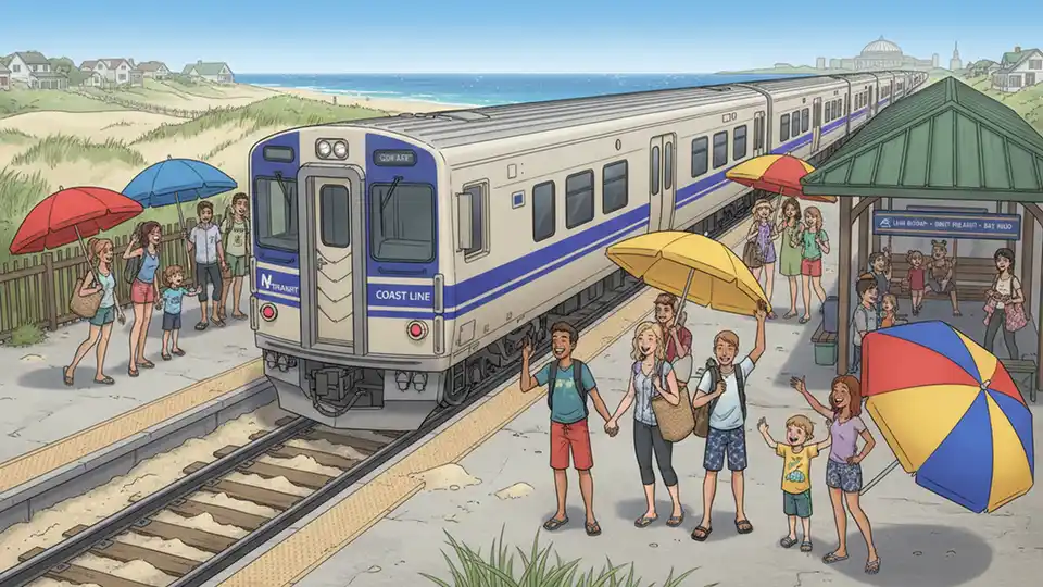 NJ Transit train arriving at coastal station with beachgoers carrying umbrellas and beach bags on platform