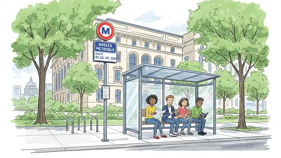 WMATA bus stop sign and shelter on Massachusetts Avenue NW with Tunisia Embassy building visible in background
