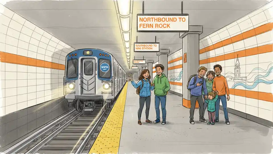 SEPTA B line subway platform with directional signage and train approaching