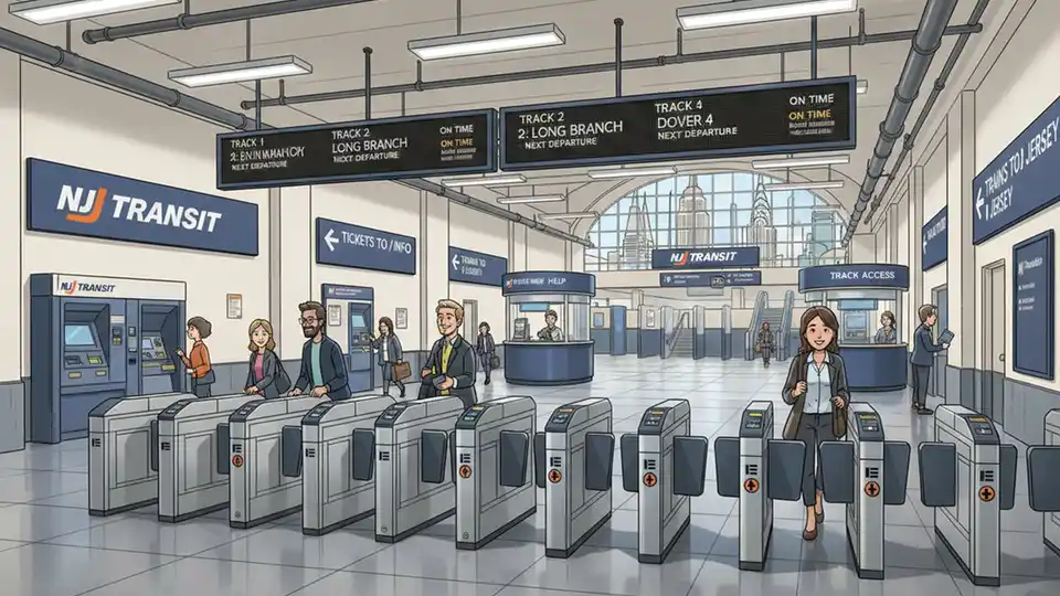 Penn Station NJ Transit concourse with directional signage and fare gates, showing main commuter access point