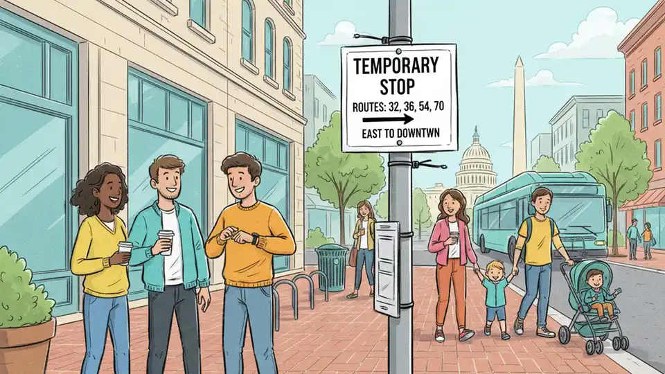 Temporary bus stop sign with route information posted on urban street pole