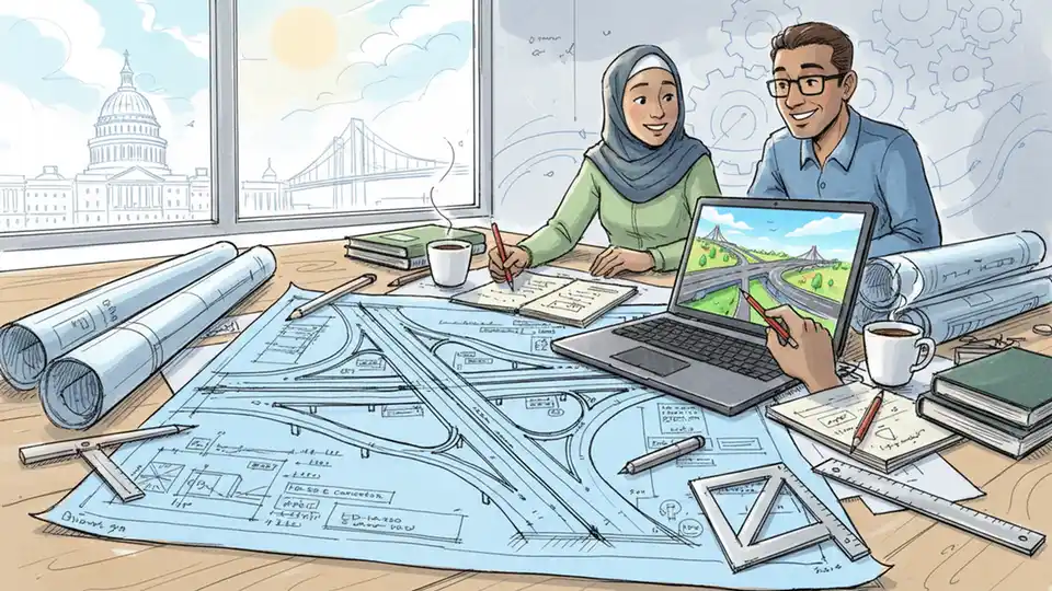 Modern highway design plans and blueprints spread across a desk with engineering tools and a laptop showing transportation infrastructure renderings