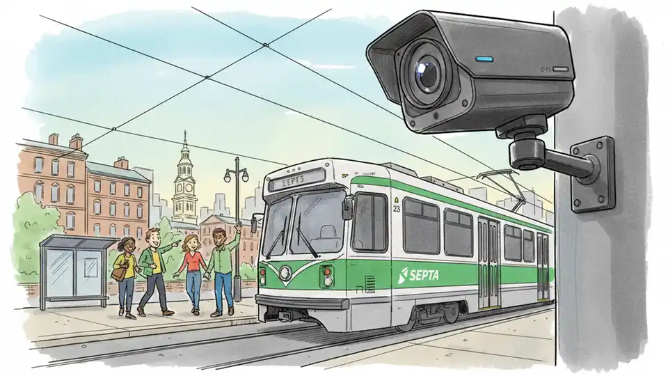 Close-up of AI-powered camera mounted on SEPTA trolley car, showing technology detail and positioning for capturing parking violations. Alt text: AI camera system on SEPTA trolley for automated parking enforcement. Composition: Detail shot of camera equipment, angle showing field of view toward track area and stops.