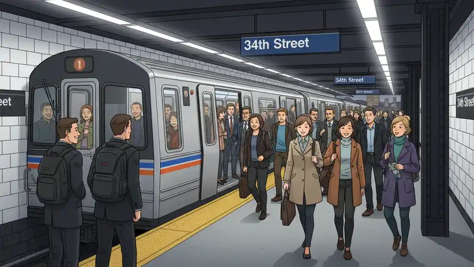 MTA subway train at 34th Street station in Midtown Manhattan with passengers boarding