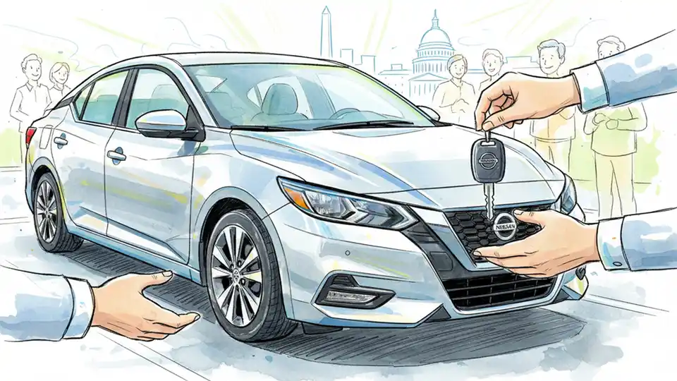Close-up of a refurbished 2022 Nissan Sentra sedan with keys being handed over during a vehicle donation ceremony