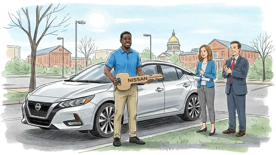 Marine Corps veteran Joseph Butler standing next to a silver 2022 Nissan Sentra at a vehicle donation ceremony in Montgomery County, Maryland, with representatives from Friendship Place and Geico in the background