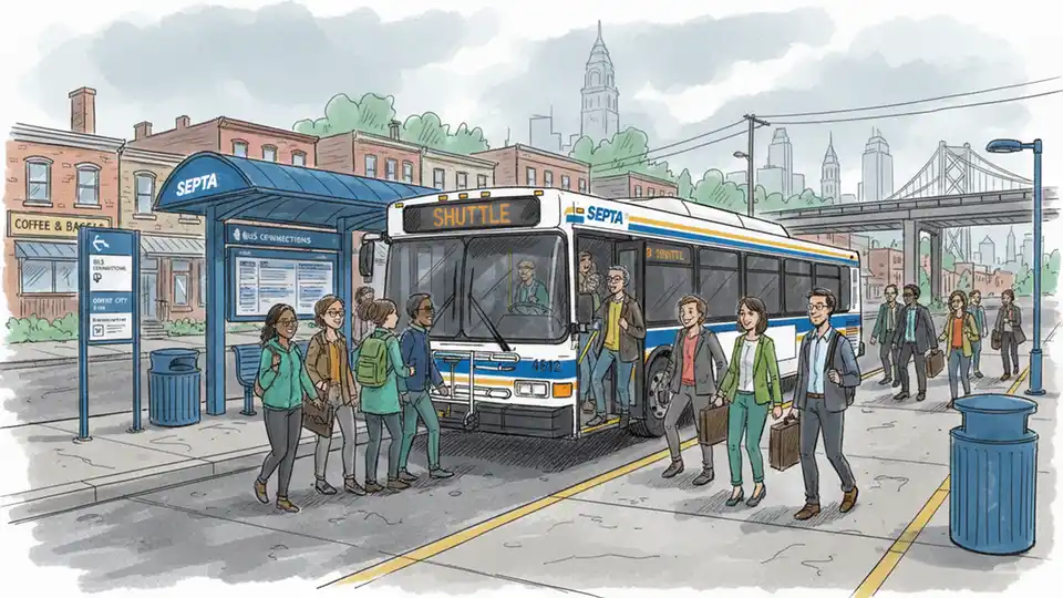 Bus shuttle service at transit station with SEPTA signage and passengers boarding replacement bus