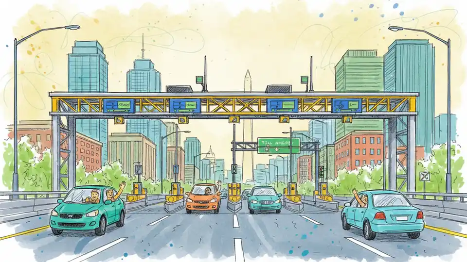 Electronic toll collection gantry system over urban roadway with downtown buildings in background