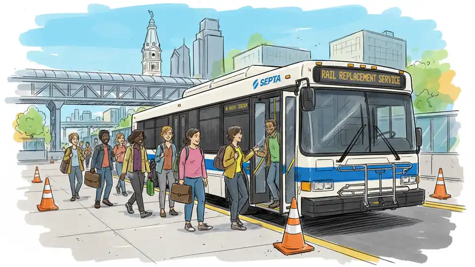 SEPTA bus providing replacement service at a transit station, with passengers boarding during a service modification period