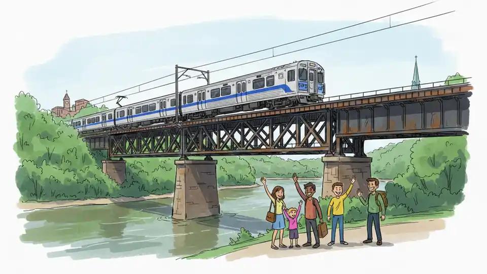 SEPTA M line train crossing the historic Bridgeport viaduct over the Schuylkill River in Montgomery County, Pennsylvania, showing the steel structure that will undergo major rehabilitation