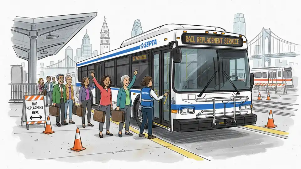 SEPTA bus providing replacement service at transit station, showing alternative transportation option for rail passengers during construction