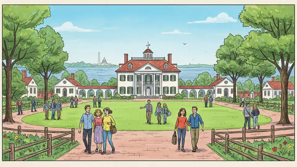 Historic Mount Vernon estate mansion overlooking the Potomac River with visitors walking along the grounds