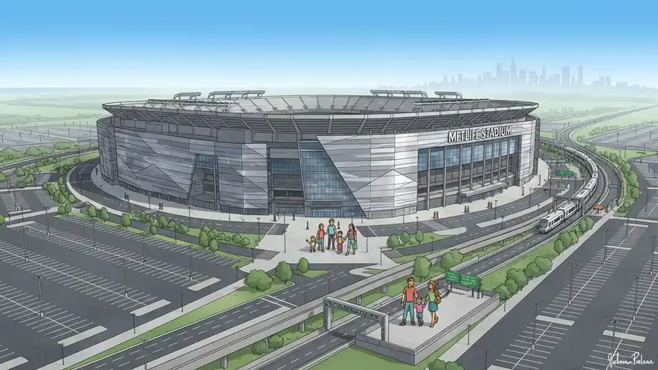 MetLife Stadium exterior with transit infrastructure and parking areas visible, showing scale of venue and surrounding transportation access points