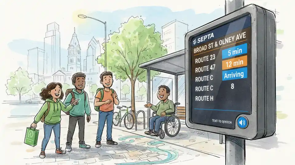 Close-up of SEPTA digital bus stop display showing multiple route numbers and arrival times, with text-to-speech accessibility button visible