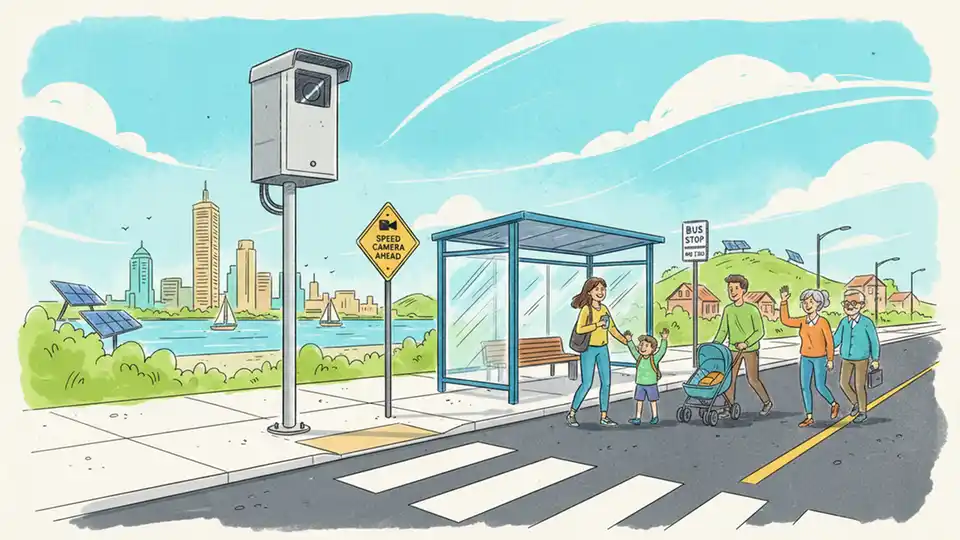 Speed camera installation on Maryland roadway near pedestrian crossing with transit stop in background