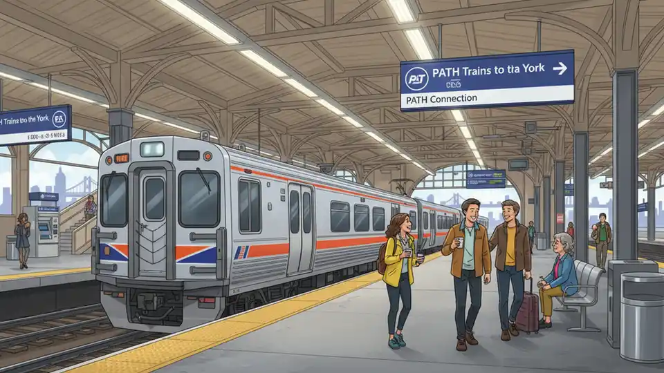 New Jersey Transit train at Newark Penn Station platform with PATH connection signage