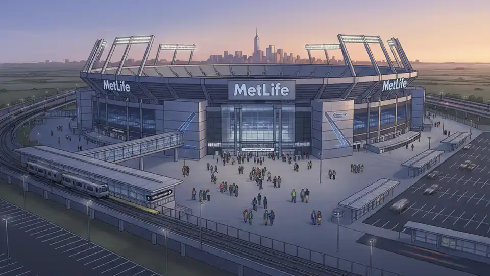 MetLife Stadium exterior in East Rutherford New Jersey with transit access