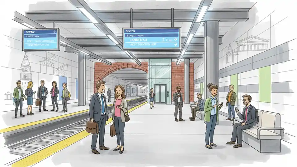 Interior of modernized SEPTA station showing updated platform area with new lighting, signage, and waiting passengers on commuter rail platform