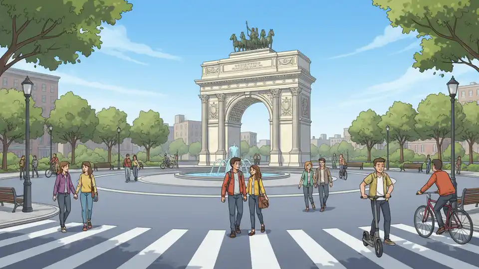 Grand Army Plaza in Brooklyn showing the circular plaza with pedestrians, cyclists, and the iconic arch, without motor vehicle traffic