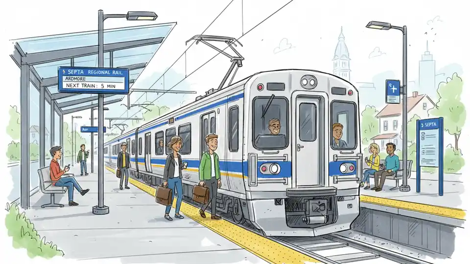 SEPTA regional rail train at newly renovated Ardmore station platform with passengers boarding, showing updated station infrastructure and platform improvements