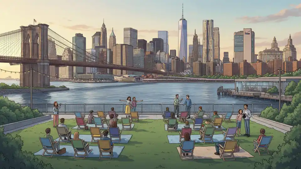 Brooklyn Bridge Park waterfront venue with Manhattan skyline in background prepared for outdoor viewing event