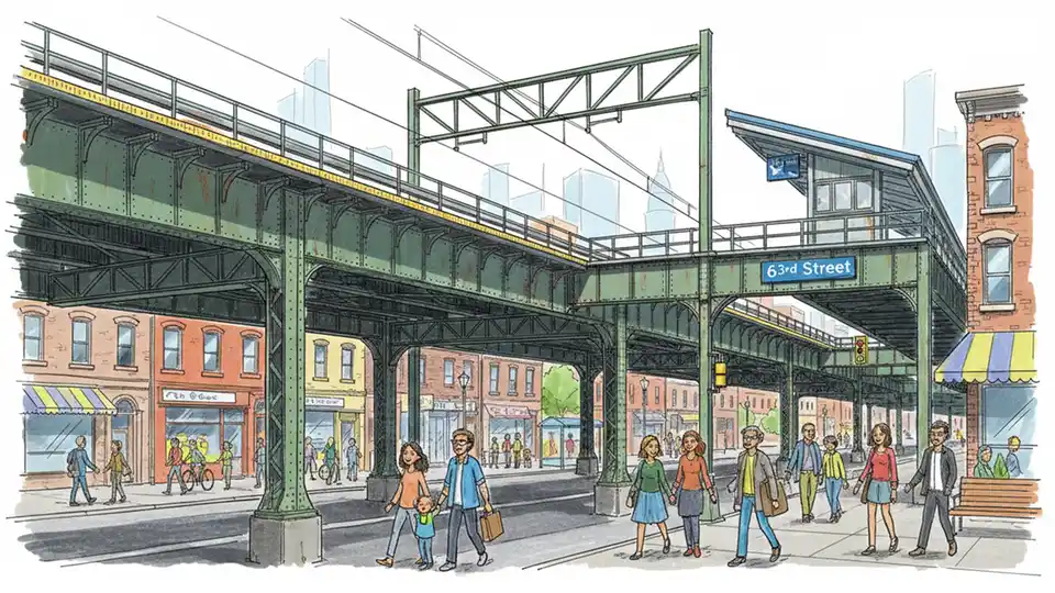 SEPTA Market-Frankford Line elevated platform at 63rd and Market Street station in West Philadelphia with support beams and track infrastructure