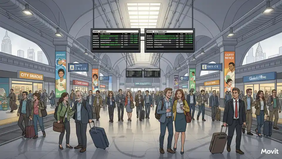 Penn Station main concourse with directional signage and commuters walking through the terminal