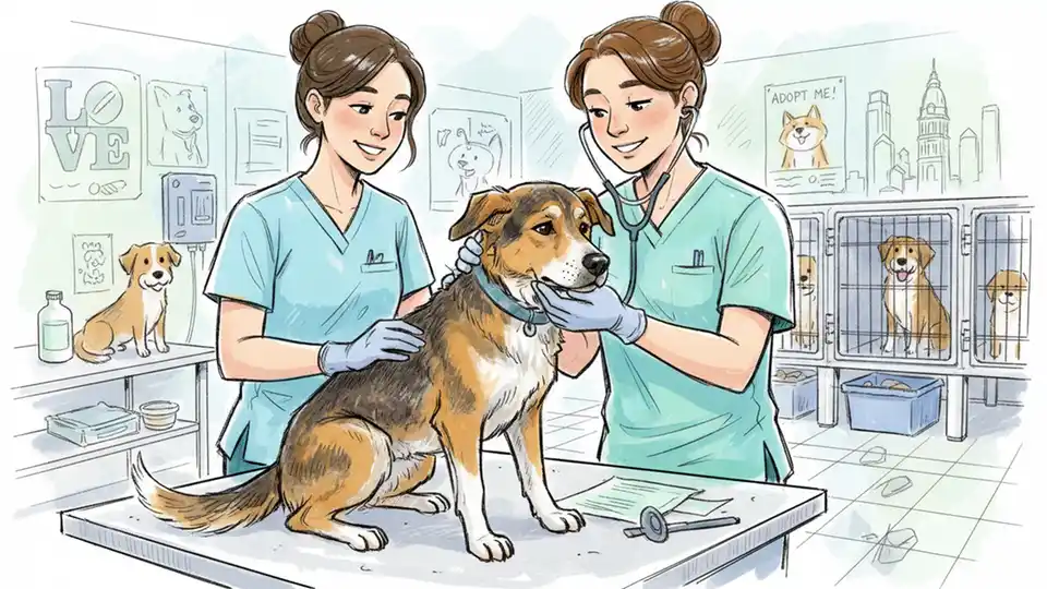 Rescued dog receiving care from animal welfare workers after transit station rescue operation, showing veterinary examination and shelter care environment for stray animals in Philadelphia