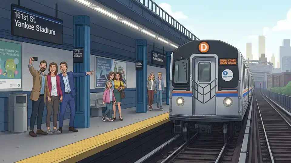 D train subway car approaching 161st Street-Yankee Stadium station platform
