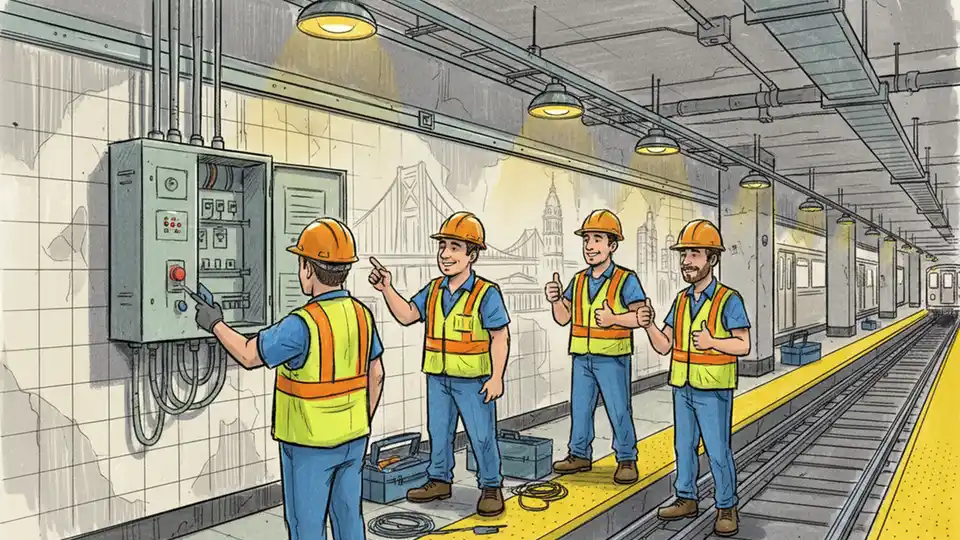 SEPTA maintenance crews working on underground electrical equipment at subway station with emergency lighting visible