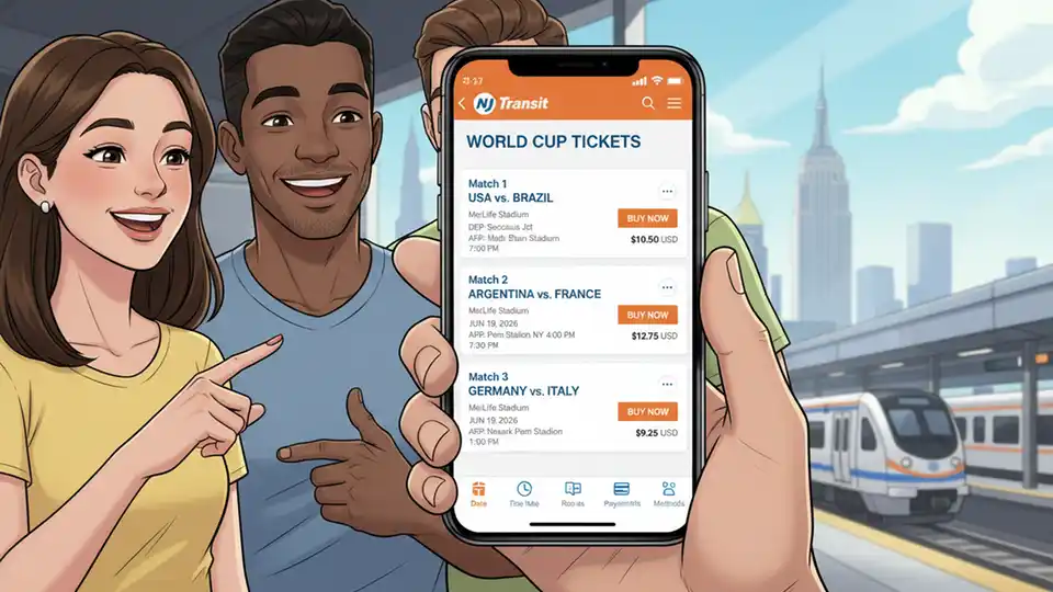 Close-up of smartphone displaying NJ Transit Mobile App ticket purchase screen with World Cup match options and fare information visible