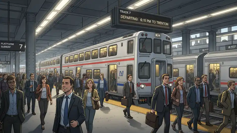 NJ Transit train at Penn Station New York with passengers boarding during peak hours, showing modern rail cars and station platform infrastructure