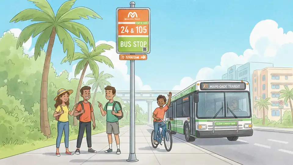 Bus stop sign with route number and stop ID posted on pole