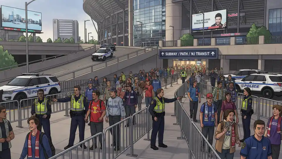 Law enforcement officers directing crowds of soccer fans toward transit station entrance near stadium, with barriers blocking pedestrian highway access
