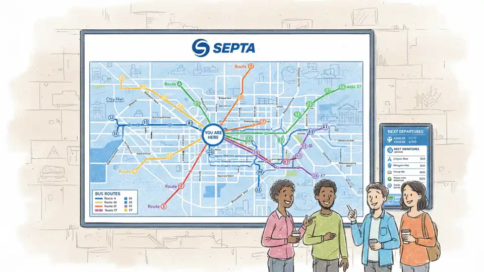SEPTA route map display showing bus network connections at transit center