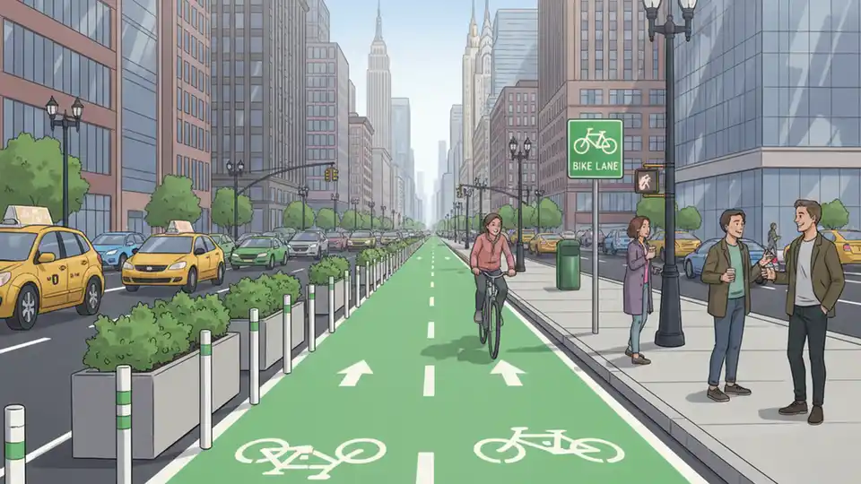 Protected bike lane with physical barriers separating cyclists from vehicle traffic in Manhattan