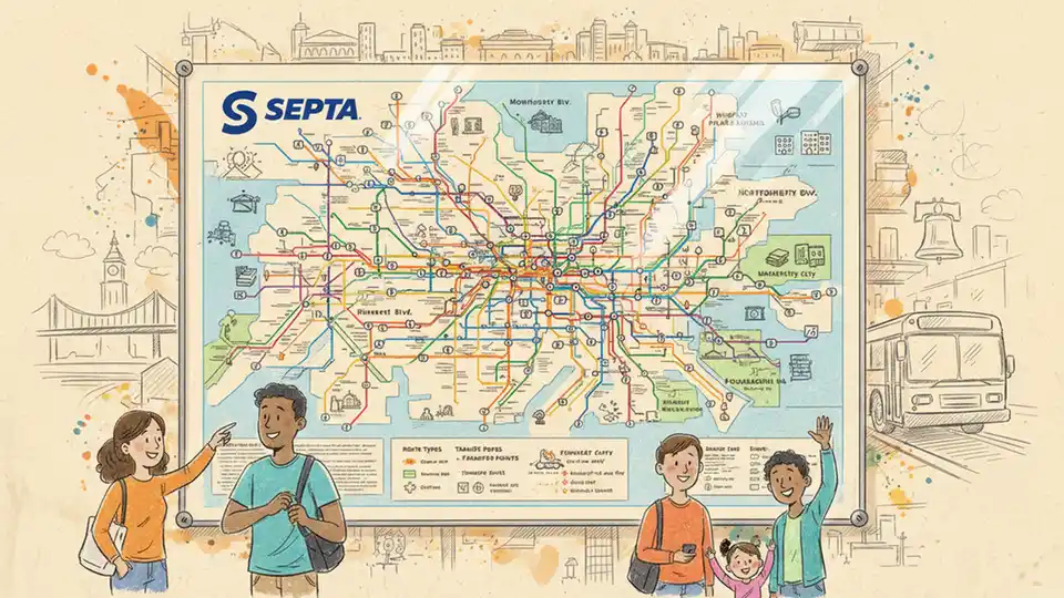 SEPTA bus route map display showing Philadelphia area transit network