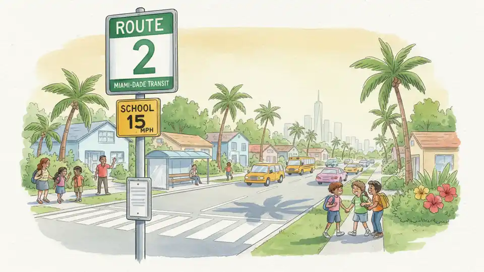 Bus stop sign showing Route 2 service with afternoon school zone traffic in a suburban area